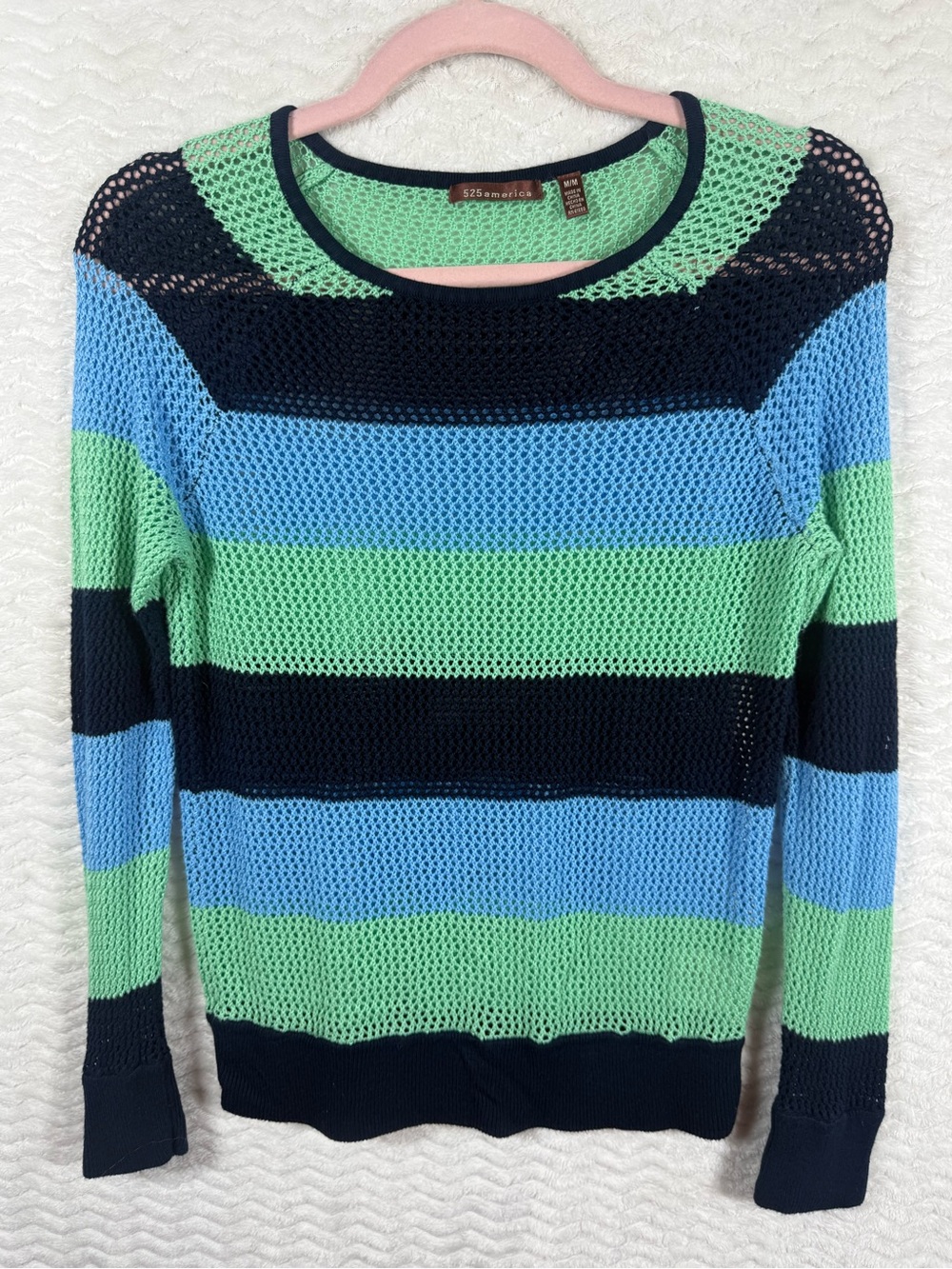 525 America Navy, Light Blue & Mint Open-Knit Stripe Beachy Sweater